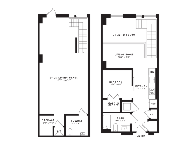Modern two-level floor plan featuring an expansive open living space, cozy bedroom, fully-equipped kitchen, and convenient storage options, ideal for stylish urban living.