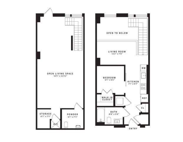 Elegant two-story floor plan featuring a spacious open living space, cozy bedroom, modern kitchen, and living room with open balcony view.