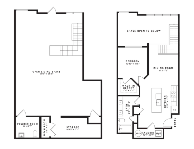 Contemporary two-story floor plan with an expansive open living space, a spacious bedroom with walk-in closet, modern kitchen, dining area, and convenient laundry room.
