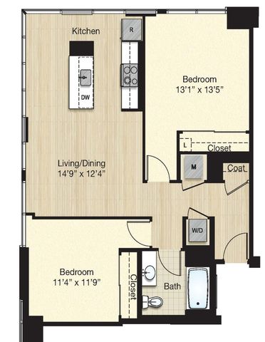 Contemporary apartment floor plan with 2 spacious bedrooms, open kitchen, and living/dining area, including modern amenities.
