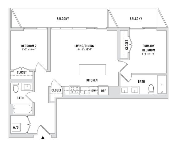 Modern floor plan highlighting 2 bedrooms, spacious living/dining area, stylish kitchen, and dual balcony access.