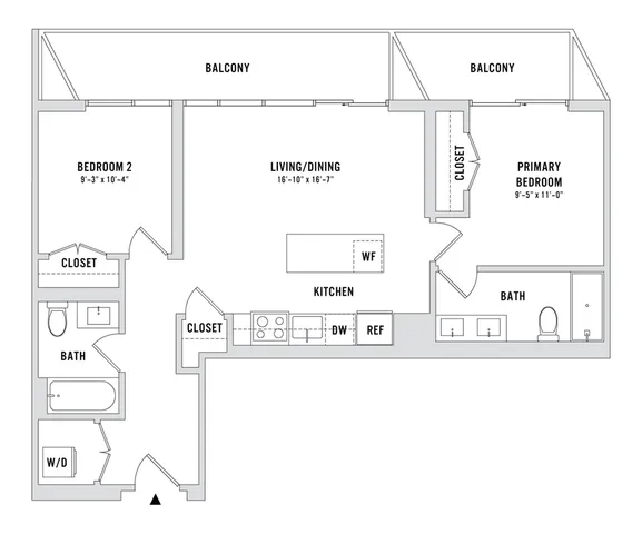 Modern floor plan showcasing 2 bedrooms with attached baths, spacious living/dining area, open-concept kitchen, dual balconies, and ample storage.