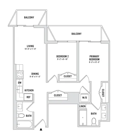 Modern floor plan with 2 bedrooms, 2 bathrooms, spacious living area, and dual balconies, featuring a stylish kitchen and dining space.