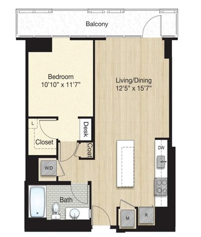 Modern floor plan showcasing a spacious living and dining area, cozy bedroom, and a large balcony. Includes a well-appointed kitchen and a luxurious bathroom.