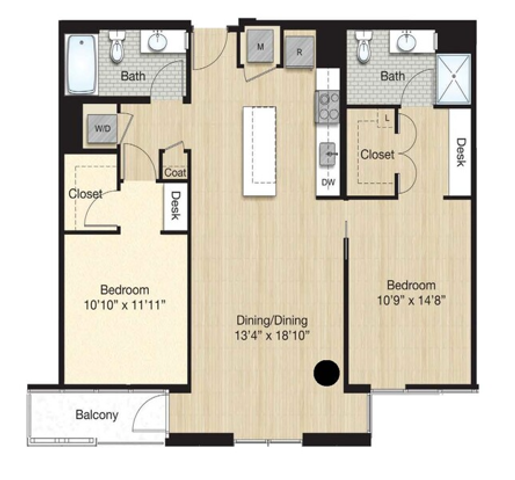 Modern floor plan featuring two bedrooms with desks, a spacious dining area, two bathrooms, and a private balcony.