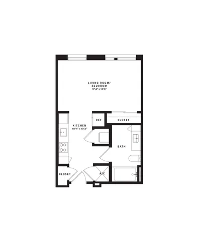 Modern studio apartment floor plan featuring an open-concept living room and bedroom, a well-equipped kitchen, and a spacious bathroom.