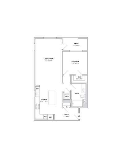 Modern single-bedroom apartment floor plan featuring open-concept living area, stylish kitchen, walk-in closet, and cozy patio.