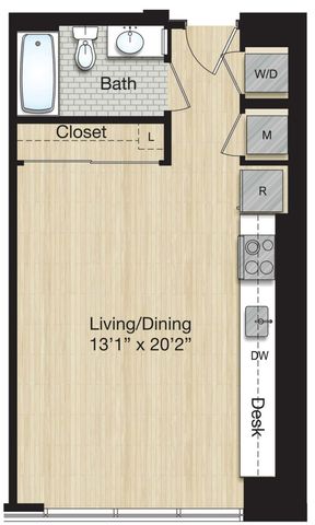 Efficient studio floor plan with an open living and dining area, stylish kitchen, and a modern bathroom. Features include a built-in desk, closet, and washer/dryer unit.