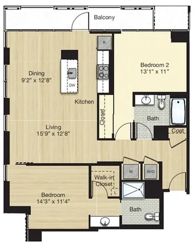Modern apartment floor plan featuring 2 bedrooms, open kitchen with island, spacious living and dining area, and balcony access.