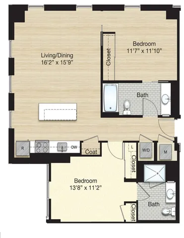Modern floor plan featuring 2 spacious bedrooms, open-concept living and dining area, sleek kitchen with appliances, and 2 well-appointed bathrooms.