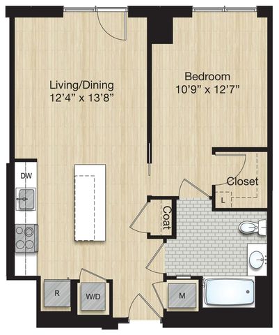 Elegant floor plan featuring a spacious living and dining area, cozy bedroom with a closet, modern kitchen with dishwasher, and a well-equipped bathroom. Includes a washer/dryer and coat closet for added convenience.