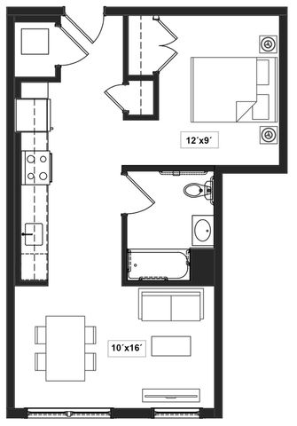 Modern 2D floor plan featuring a cozy bedroom, spacious open living area, stylish kitchen, and a well-designed bathroom.