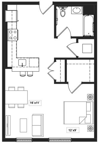 Modern one-bedroom apartment floor plan featuring open-concept living area, spacious kitchen, and a well-appointed bathroom, perfect for urban living.