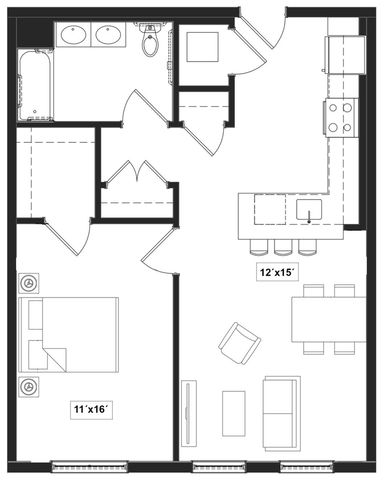Chic floor plan depicting a spacious one-bedroom apartment with a modern bathroom, open-concept kitchen and living area, and dining space. Ideal for stylish urban living.
