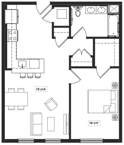 Modern 2D floor plan featuring 1 bedroom, open-concept living and dining area, stylish kitchen with island, and spacious bathroom layout.