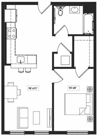Modern 1-bedroom apartment floor plan featuring open-concept kitchen and living area with full bathroom.