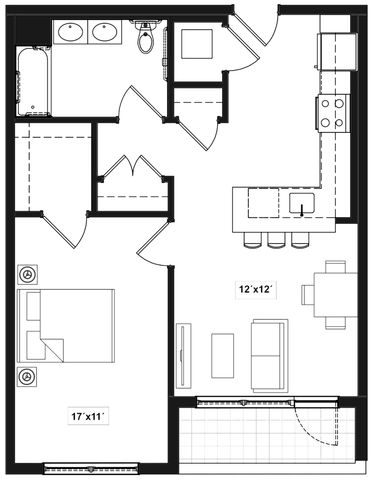 Modern floor plan showcasing a spacious one-bedroom apartment with a stylish open-concept kitchen and living area, complete with a large bathroom and cozy balcony.