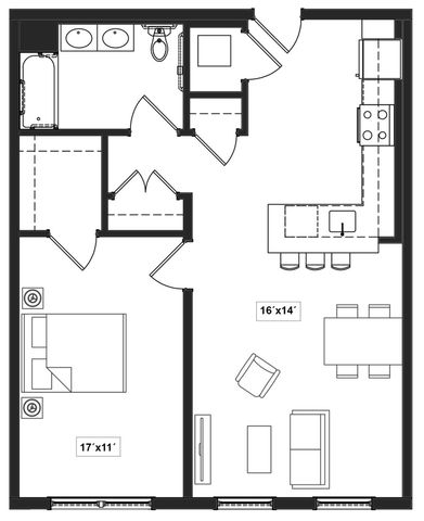 Modern floor plan featuring a spacious 1-bedroom layout with a large 17\'x11\' bedroom, stylish open-concept living and dining area, and a contemporary kitchen with an island.