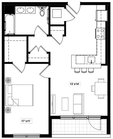 Modern floor plan showcasing an open-concept design with a spacious 17x11 bedroom, stylish kitchen with island seating, and cozy living area complemented by a versatile 12x14 layout.