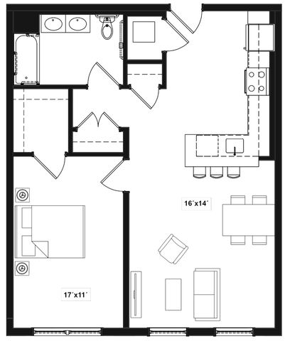 Modern floor plan showcasing an open-concept kitchen and living area, spacious 17\'x11\' bedroom, and sleek bathroom with double vanity.