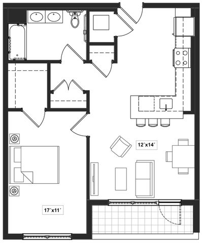 Modern floor plan showcasing a spacious one-bedroom apartment with an open-concept living area, sleek kitchen with island, and a full bathroom. Ideal for comfortable urban living.
