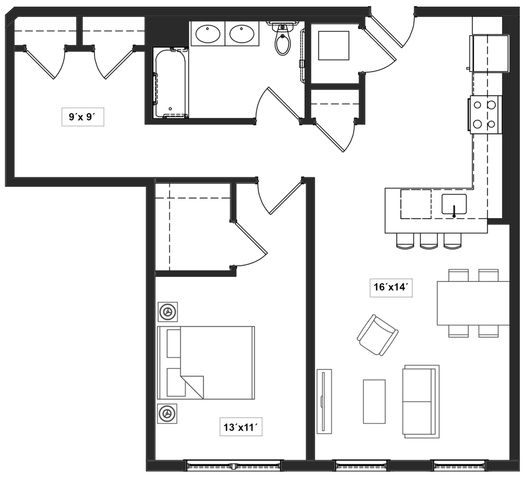 Modern floor plan featuring one spacious bedroom, a pristine bathroom with dual sinks, and an open-concept living area with kitchen and dining space.