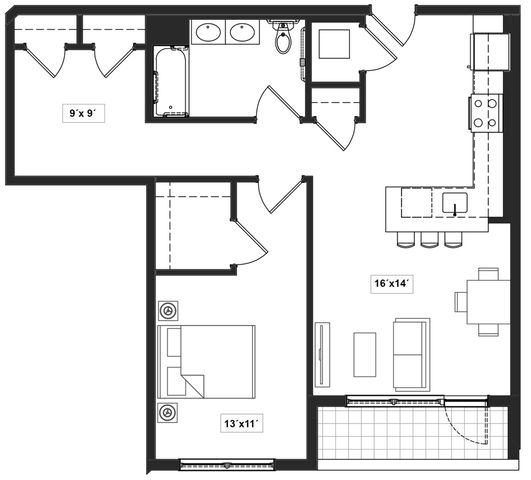 Modern floor plan featuring a spacious 1-bedroom layout, stylish kitchen, and open-concept living area with balcony.