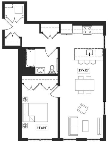 Modern floor plan showcasing an open-concept living and dining area with a spacious kitchen and one bedroom. The design includes a bathroom and a generous living space measuring 23x12 feet, providing a stylish and functional layout for comfortable living.