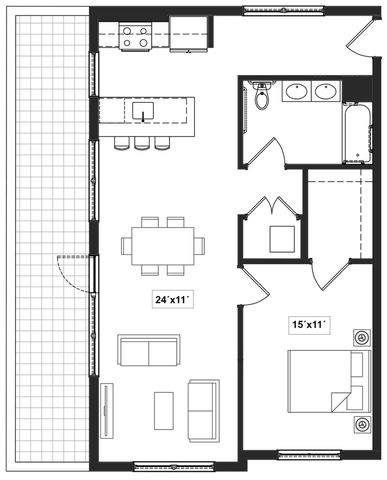 Contemporary floor plan featuring a spacious open-concept living and dining area, modern kitchen with island, and a comfortable bedroom with ensuite bathroom.