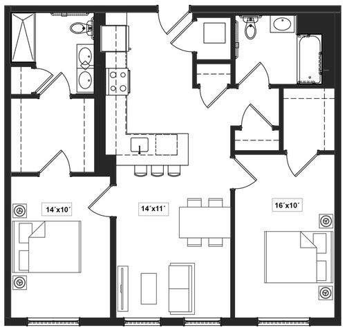 Modern 2D floor plan showcasing a sleek design with two bedrooms, two bathrooms, and an open-concept kitchen-living area, perfect for contemporary living.