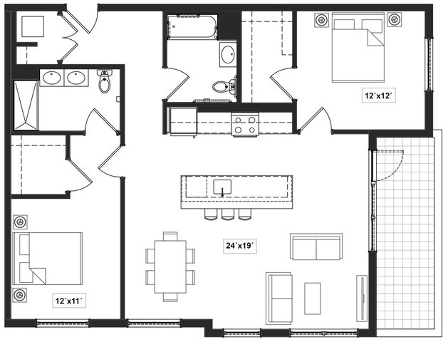 Modern floor plan showcasing 2 bedrooms, 2 bathrooms, an open-concept living and dining area, plus a contemporary kitchen with island seating.