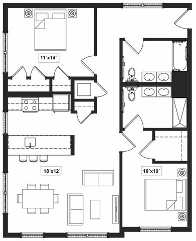 Elegant floor plan featuring 2 spacious bedrooms, an open living area, and a modern kitchen.