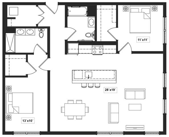 Contemporary floor plan showcasing 2 spacious bedrooms, an inviting open-concept living area with a modern kitchen bar, and a sleek bathroom layout.