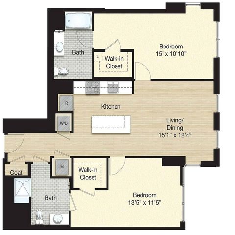 Elegant floor plan displaying a spacious 2-bedroom layout with a modern kitchen, open living/dining area, and two full baths. Features include walk-in closets and a cozy coat area, perfect for comfortable living.