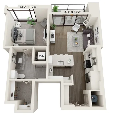 Modern 1-bedroom apartment floor plan featuring an open-concept living area, stylish kitchen, and private balcony, covering 727 sq ft.