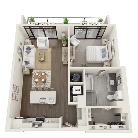 Modern open-concept floor plan featuring 1 bedroom, spacious living area, and sleek kitchen with elegant decor, measuring 866 sq ft.
