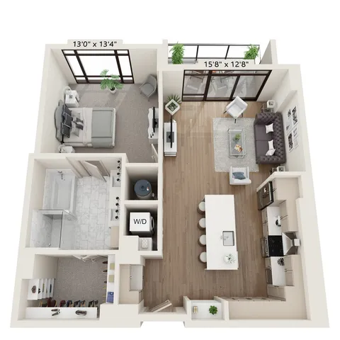 Contemporary 1-bedroom floor plan showcasing a spacious open-concept living and kitchen area, modern bathroom, and cozy bedroom in a stylish 930 sq ft space.