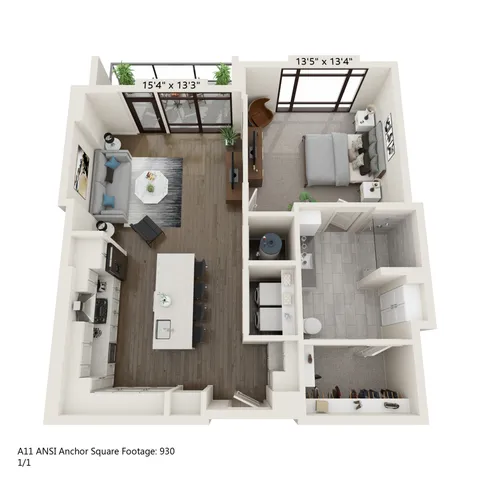 Elegant 3D floor plan showcasing a 1-bedroom apartment with an open-concept living area, modern kitchen, and spacious balcony, covering 930 square feet.