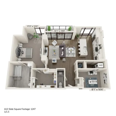 Modern 3D floor plan showcasing a spacious one-bedroom apartment with an elegant open-concept living and dining area, sleek kitchen, and two luxurious bathrooms in 1247 sq ft.