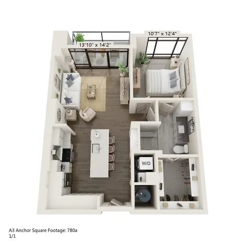 Modern floor plan of a spacious 1-bedroom apartment featuring a cozy living area, sleek kitchen with island seating, stylish bathroom, and a private balcony.