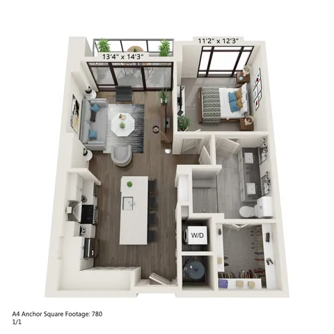 Chic 3D floor plan of a modern one-bedroom apartment featuring an open-concept living area, elegant kitchen with island, spacious bedroom, and a private balcony. High-end finishes and abundant natural light enhance the stylish design in 780 square feet.
