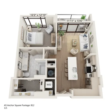 Contemporary 3D floor plan showcasing a cozy 1-bedroom apartment with open kitchen, inviting living area, and modern bathroom, 812 sq ft.