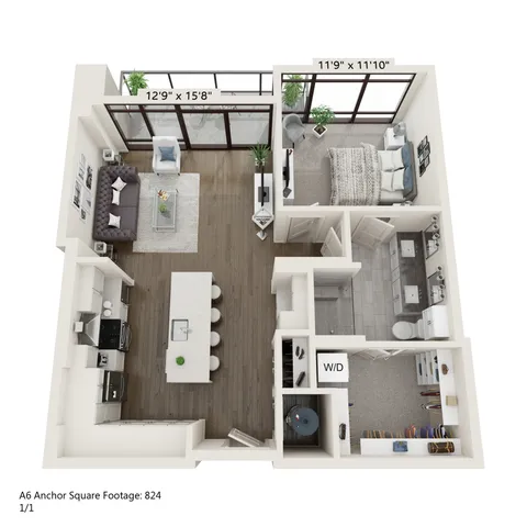 Modern 3D floor plan showcasing a chic 1-bedroom apartment with an open-concept living area, stylish kitchen, and spacious bathroom. Features include a large balcony, in-unit washer/dryer, and ample closet space, all within 824 sq ft.