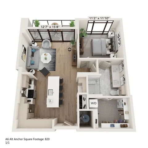 Modern 3D floor plan of a stylish apartment featuring one bedroom, one bathroom, a spacious open-plan living room and kitchen area, and a cozy balcony. Total area 820 sq ft.