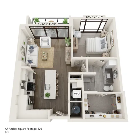 Modern A7 Anchor Square 3D floor plan with 1 bedroom, spacious living area, sleek kitchen, and private balcony, total area 820 sq ft.