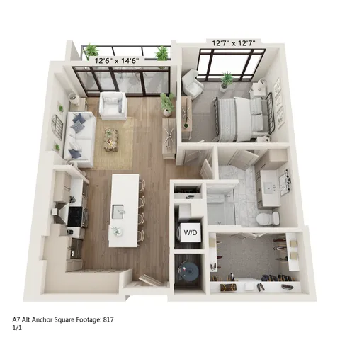 Modern 1-bedroom apartment floor plan featuring open-concept living area, stylish kitchen with island, spacious bedroom, sleek bathroom, and private balcony. Total area: 817 sq ft.