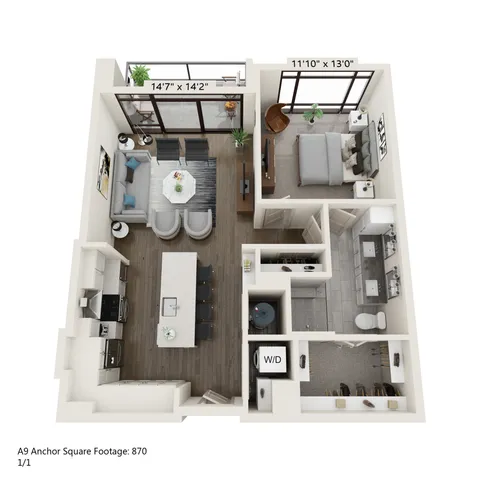 Chic 1-bedroom floor plan with an open-concept living room, modern kitchen, and elegant bathroom in 870 sq ft layout.