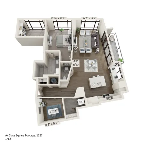 Contemporary apartment floor plan with 1 bedroom, spacious living area, sleek kitchen, and balcony in 1227 sq ft.