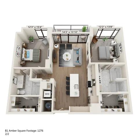 Elegant 3D floor plan of B1 Amber Square, 1276 sq ft featuring 2 bedrooms, stylish kitchen with island, and open living area with floor-to-ceiling windows.