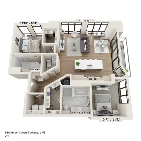 Modern B10 Amber apartment floor plan featuring an open-concept living space, two bedrooms, and two elegant bathrooms in 1469 sq ft. Bright living area with floor-to-ceiling windows and stylish kitchen island.